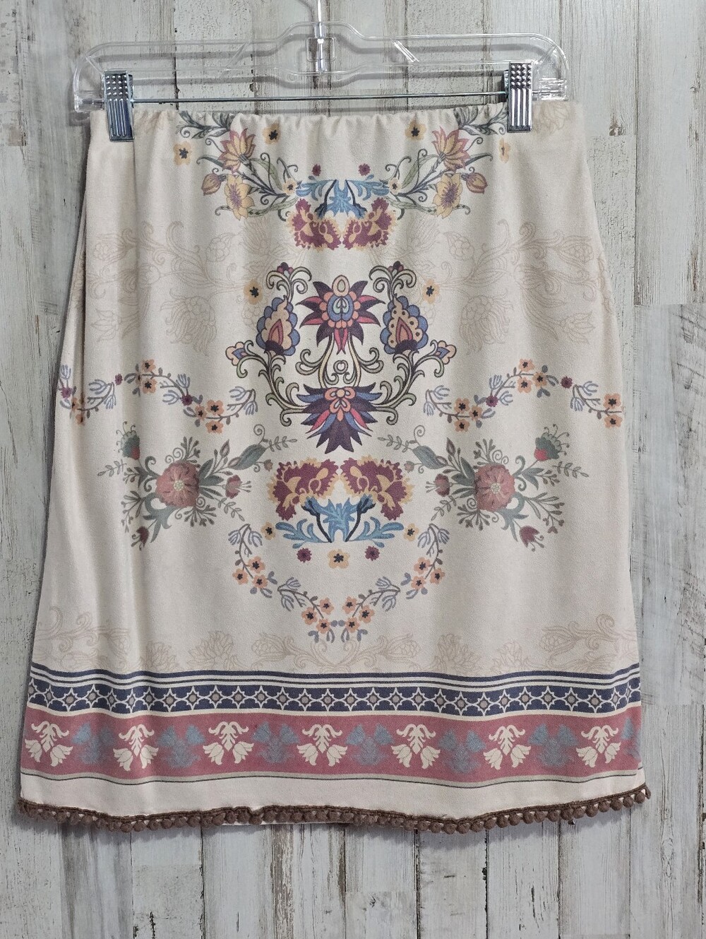 Wrangler Beige Floral Western Boho Pom Pom Fringe Skirt Size Large